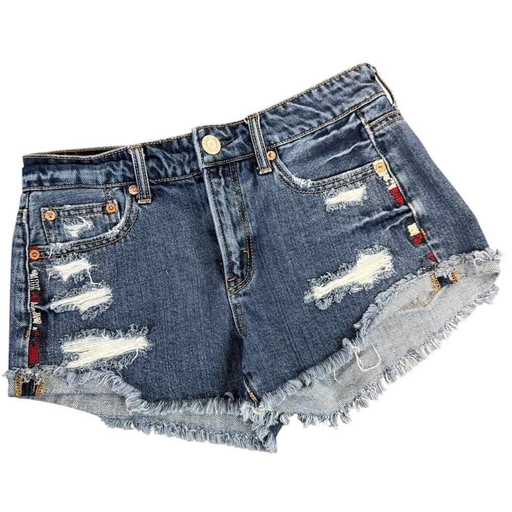 American Eagle Tomgirl Shortie Distressed Denim Shorts Blue Embroidered Size 2